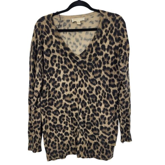 Michael Kors Leopard V-Neck Tunic Sweater L Brown Lightweight Layering Animal - Picture 1 of 11
